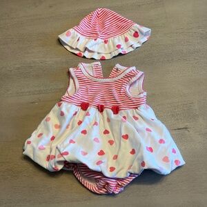 Little Me Baby Girl Dress + Matching Hat – Hearts & Stripes – Size 0–3M
